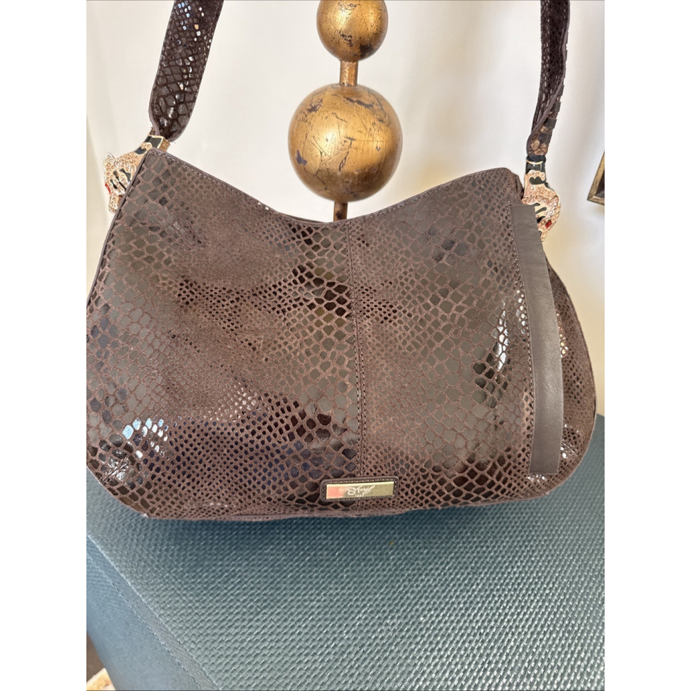 Sharif Suede Leather Python Embossed Patchwork Gold Tiger Head Hobo Bag